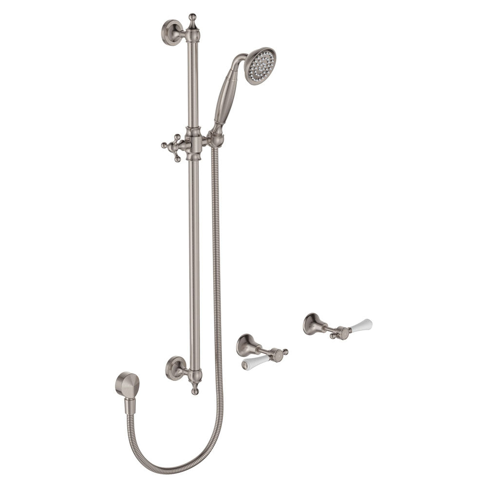 Fienza Lillian Lever Rail Shower Set Brushed Nickel with Ceramic White Handle