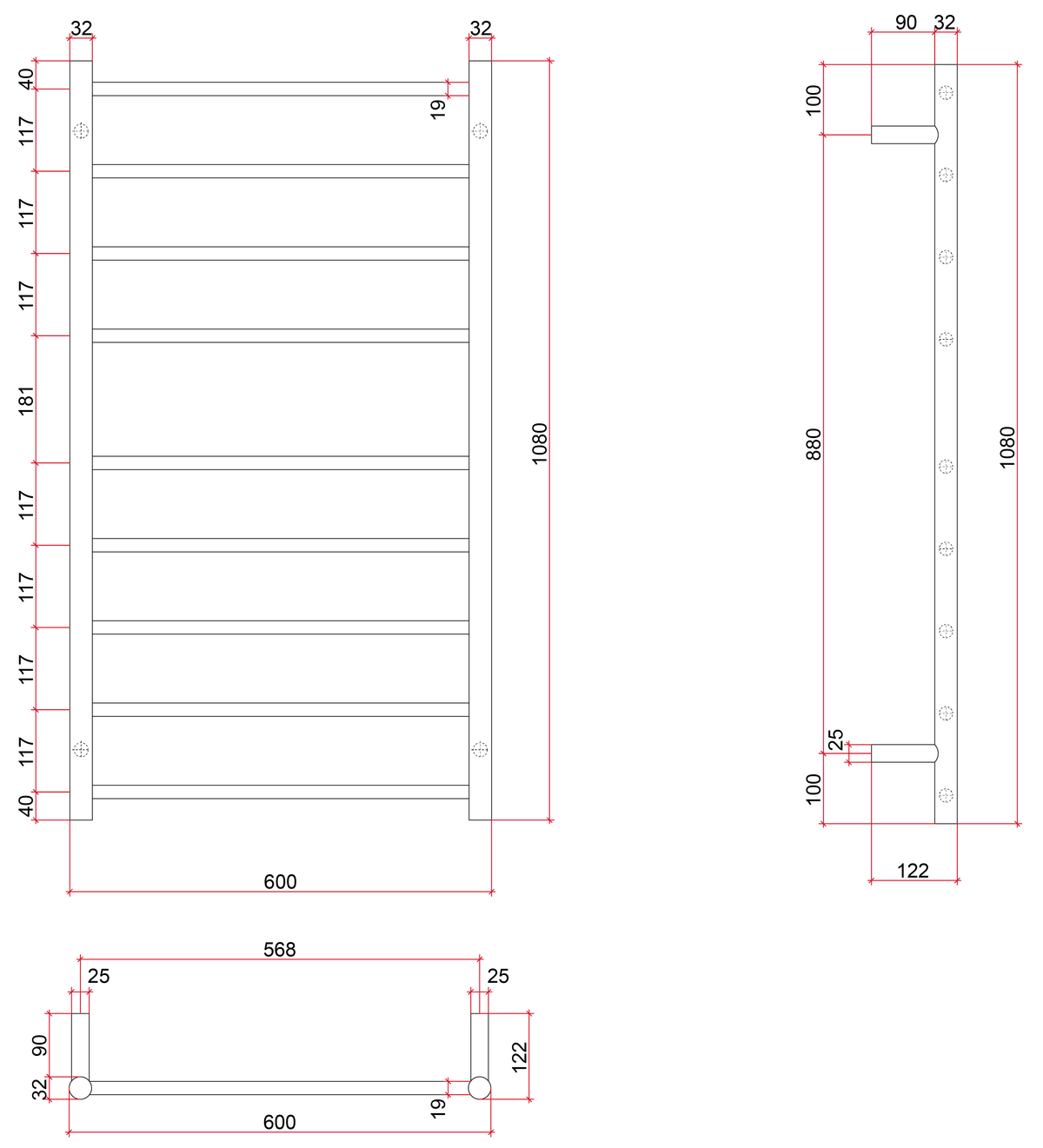 Thermogroup Thermorail 240V Straight Round Budget Ladder Heated Towel Rail Polished Stainless Steel