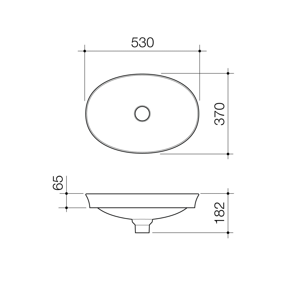 Caroma Riviere Inset Basin - No Tap Hole - Matte White specification drawing