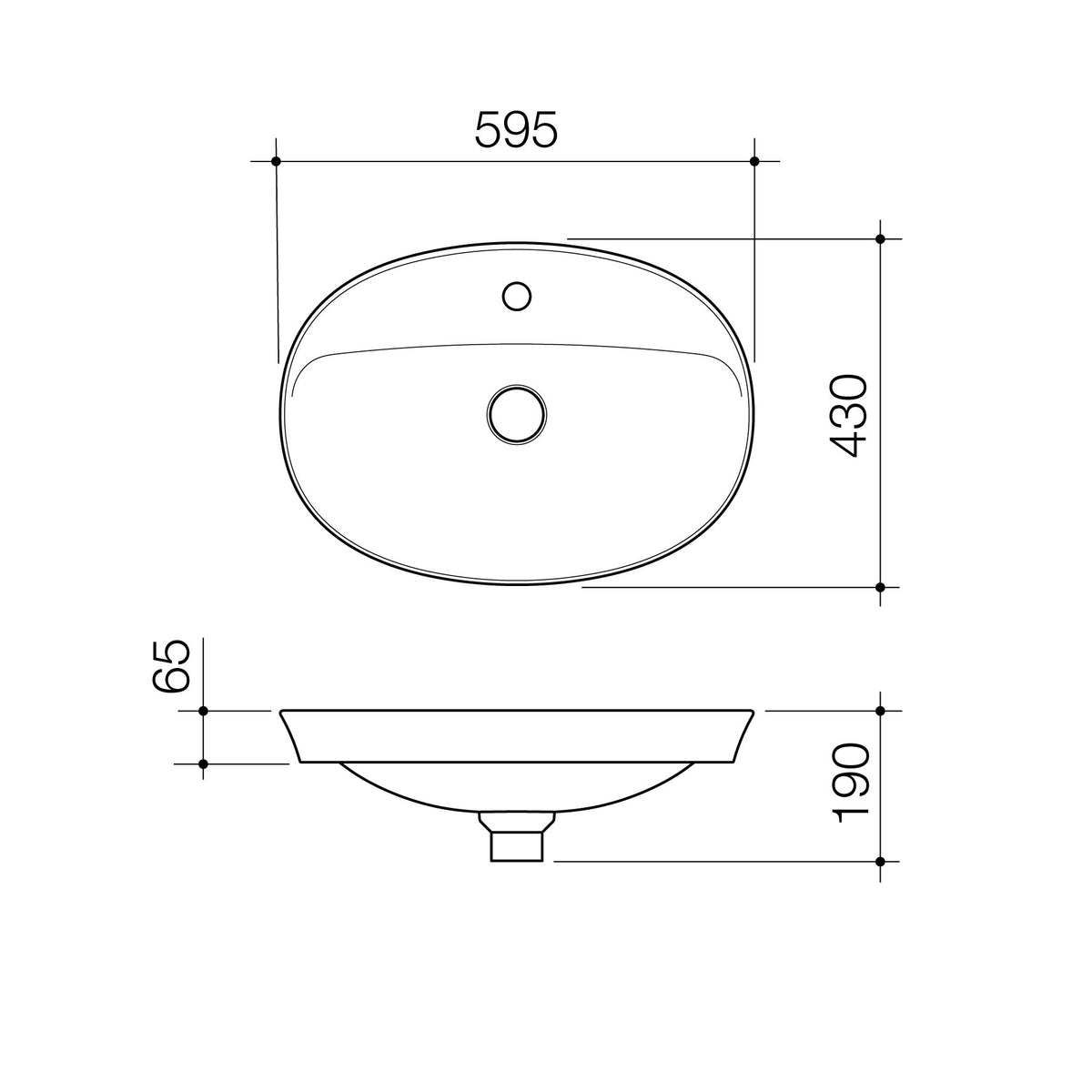 Caroma Riviere Inset Basin - 1 Tap Hole - Matte White specification drawing