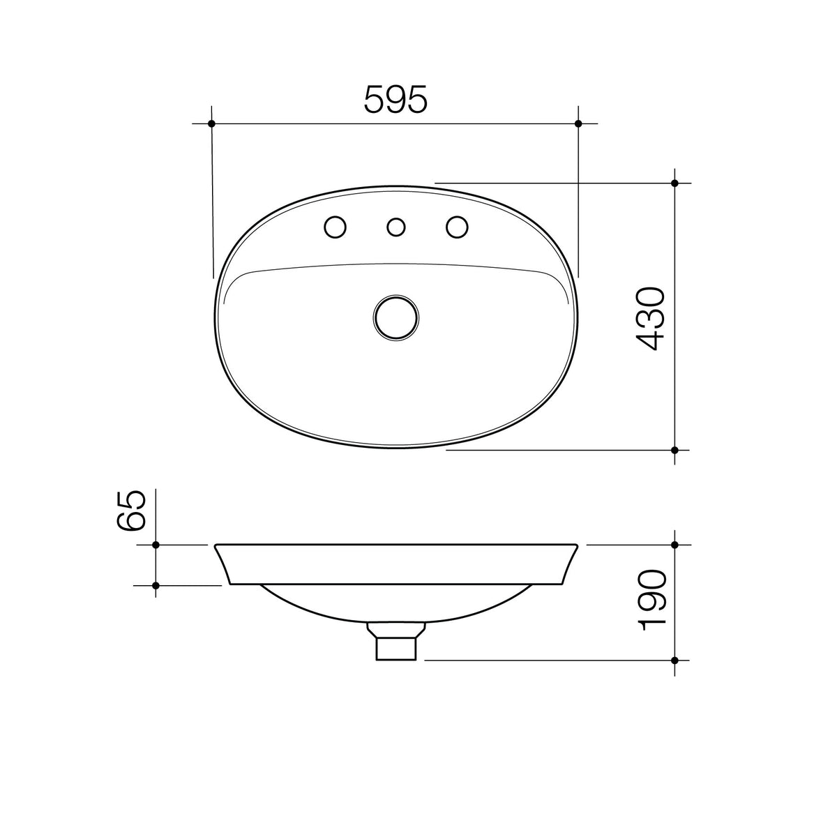 Caroma Riviere Inset Basin - 3 Tap Hole -  White specification drawing