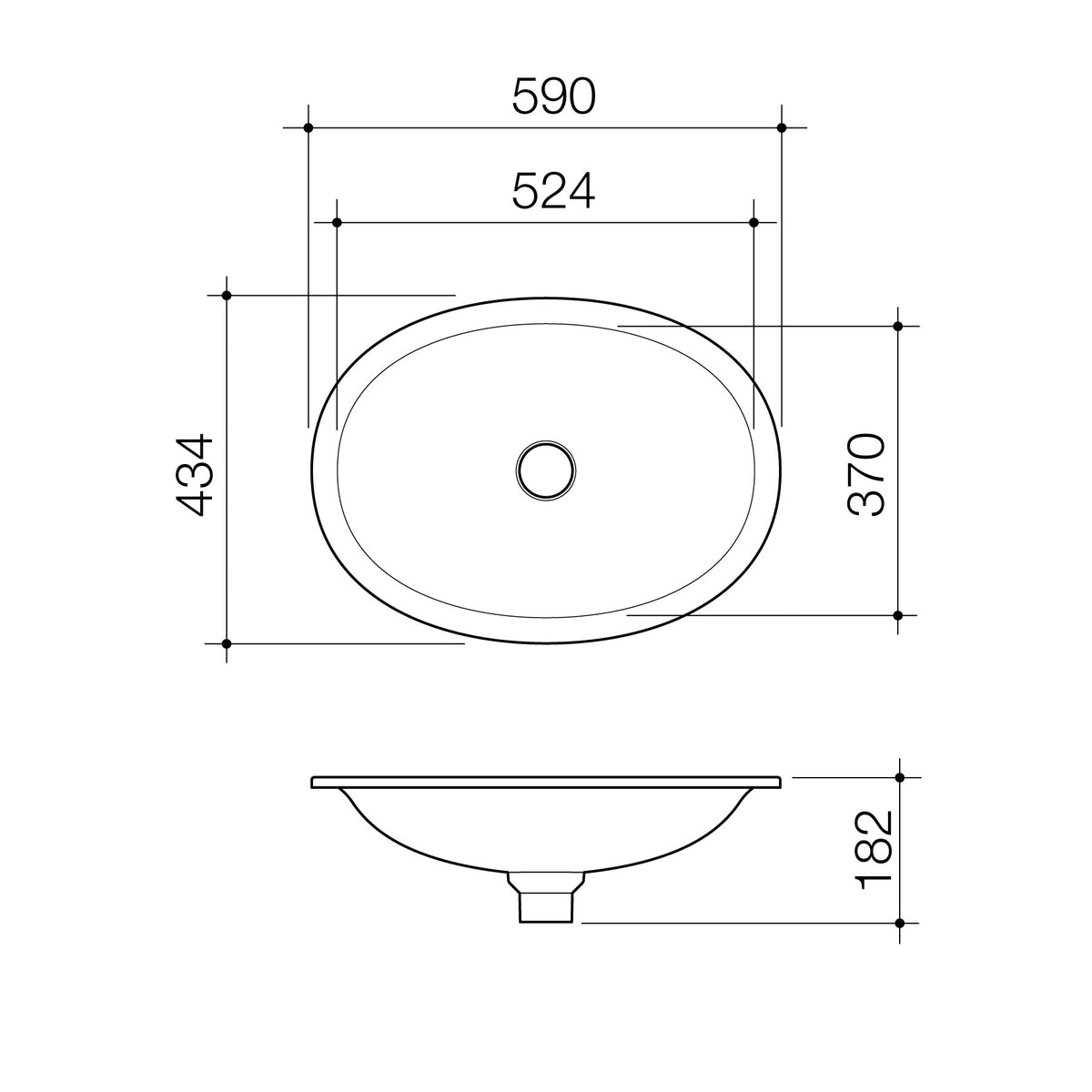 Caroma Riviere Under Counter Basin - No Tap Hole - Matte White specification drawing