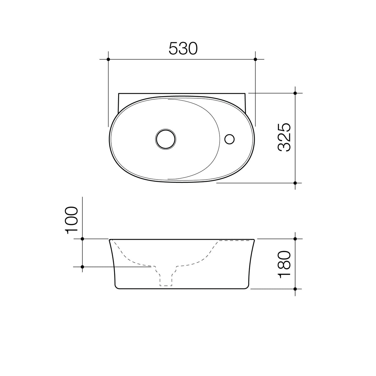 Caroma Riviere Hand Wall Basin - 1 Tap Hole - Matte White specification drawing