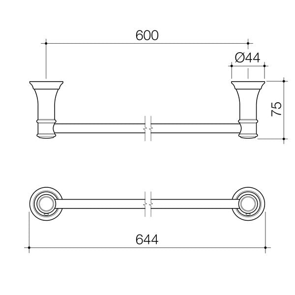 Caroma Riviere Single Towel Rail 600mm - Brushed Nickel specification drawing