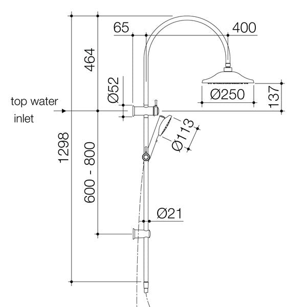 Caroma Riviere Rail Shower with Overhead - Chrome specification drawing