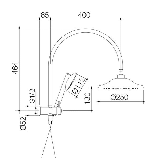 Caroma Riviere Compact Twin Shower - Brushed Brass specification drawing