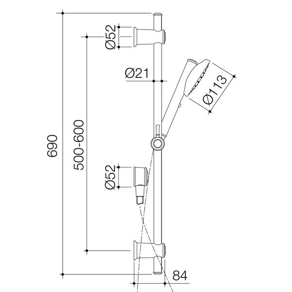 Caroma Riviere Rail Shower - Chrome specification drawing