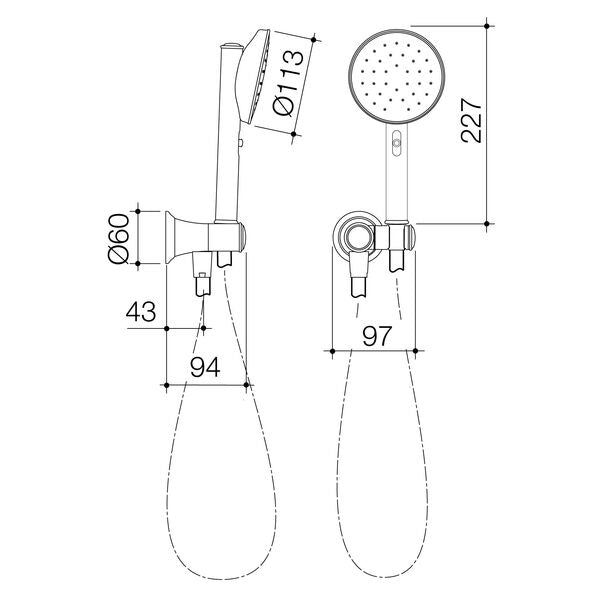 Caroma Riviere Hand Shower - Brushed Nickel specification drawing
