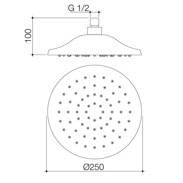 Caroma Riviere Rain Shower 250mm - Chrome specification drawing