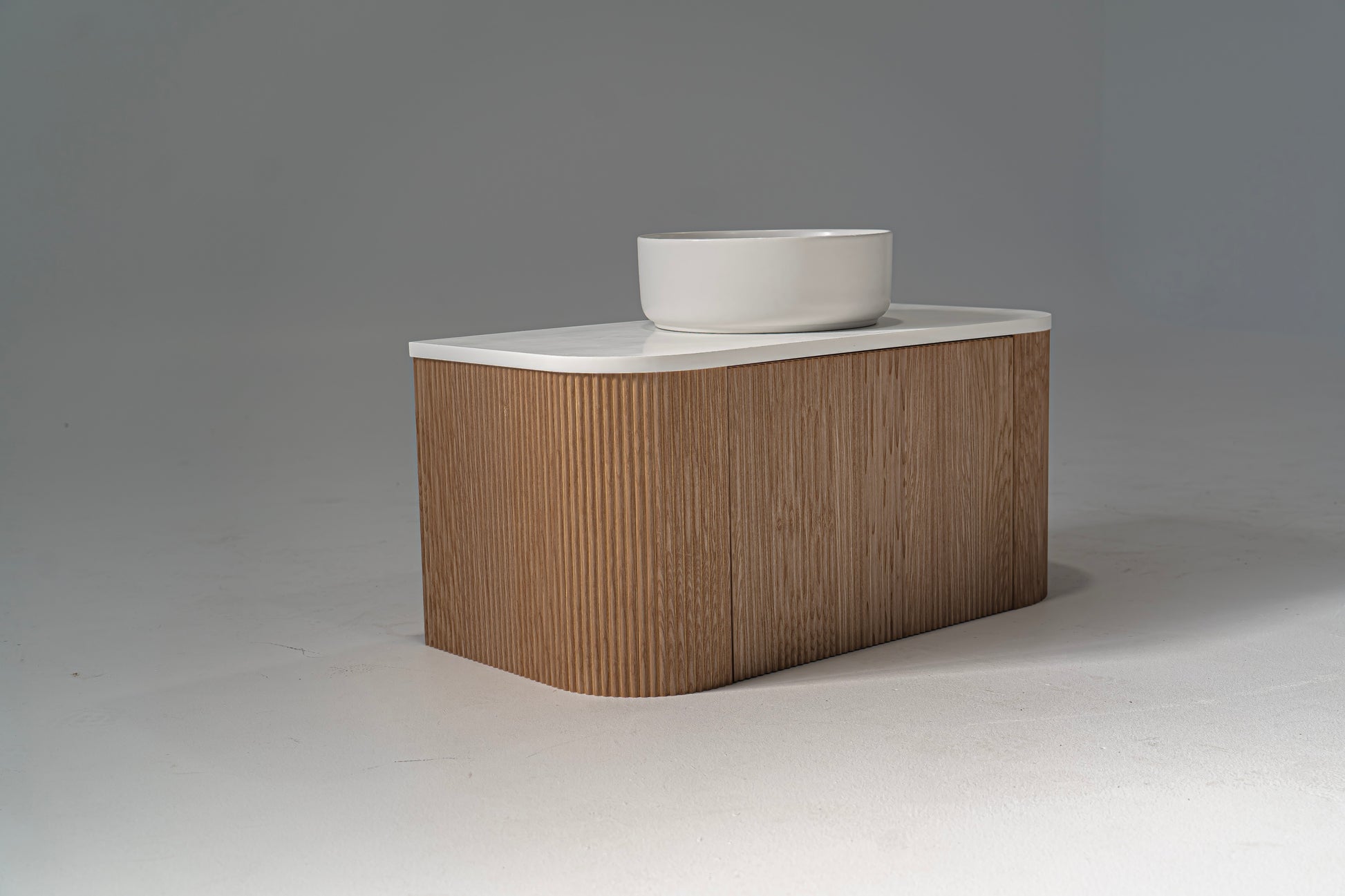 Portofino Oak Flute Vanity Unit - white solid surface benchtop and a matte white ceramic basin