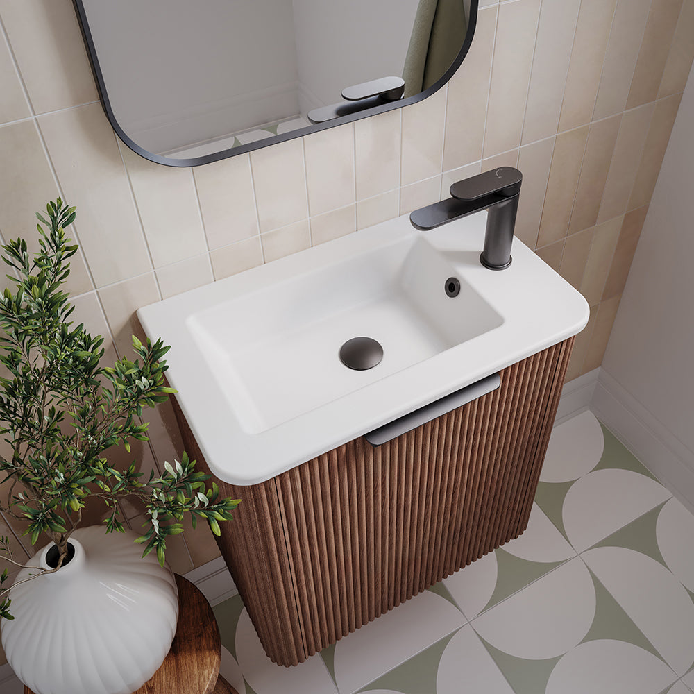 Fienza Minka Mini 550 Wall Hung Vanity Right Hand Tap Walnut