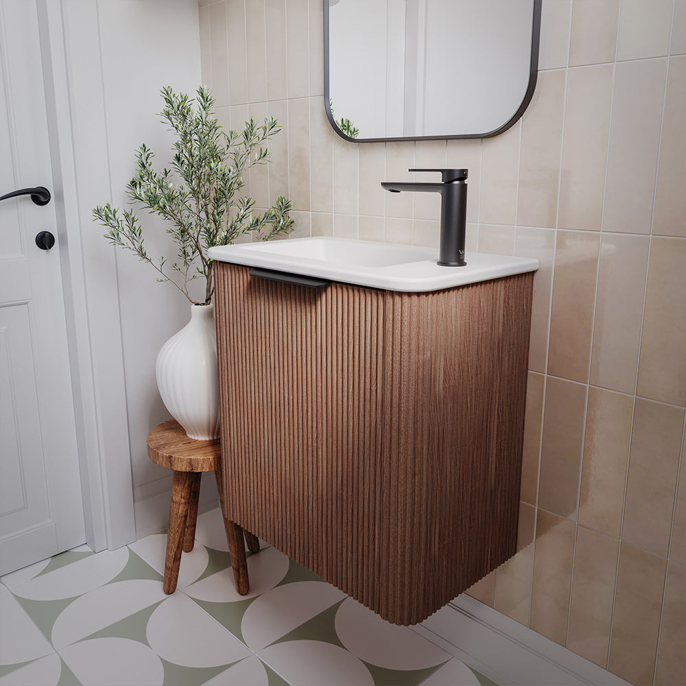 Fienza Minka Mini 550 Wall Hung Vanity Right Hand Tap Walnut
