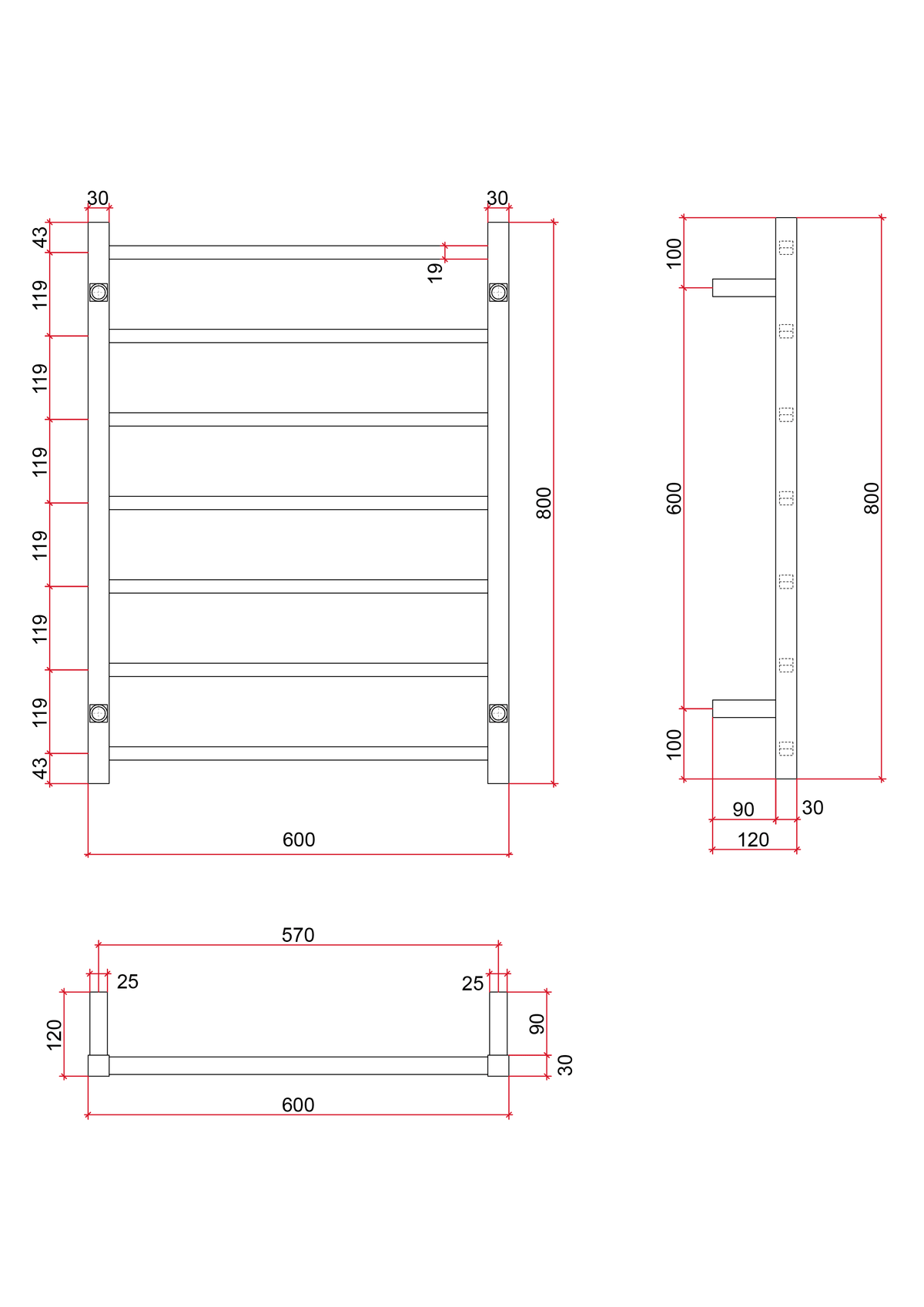 Thermogroup Thermorail 12V Straight Square Ladder Heated Towel Rail Polished Stainless Steel