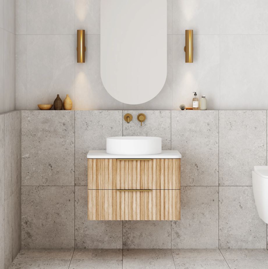 Gravity Natural Oak Curved Wall Hung Vanity — Designer Bathware