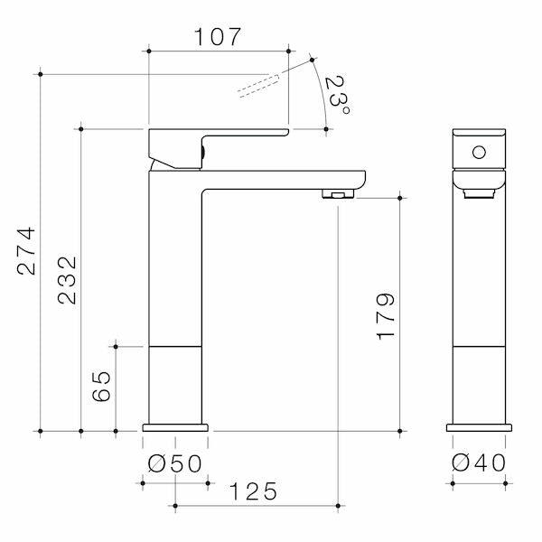 Caroma Luna Mid Basin Mixer technical drawing