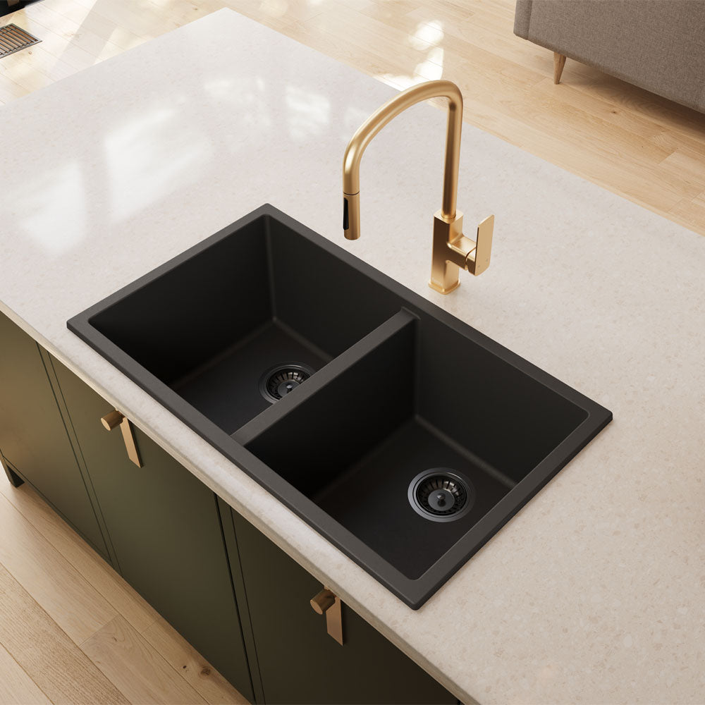 Fienza Kuro Granite 34L/34L Double Bowl Kitchen Sink Matte Black