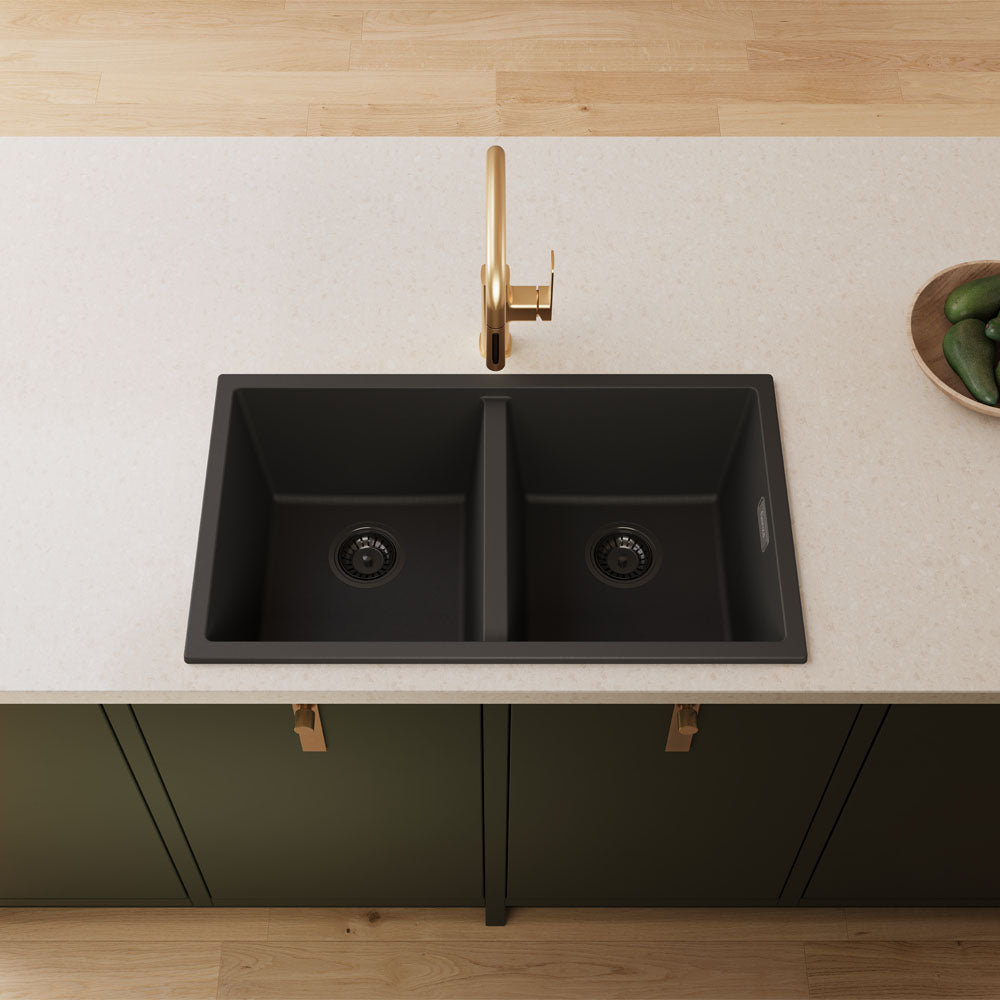 Fienza Kuro Granite 34L/34L Double Bowl Kitchen Sink Matte Black