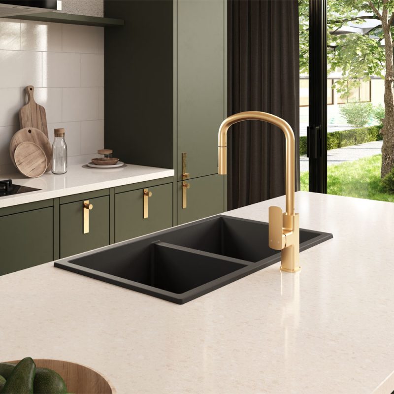 Fienza Kuro Granite 34L/34L Double Bowl Kitchen Sink Matte Black