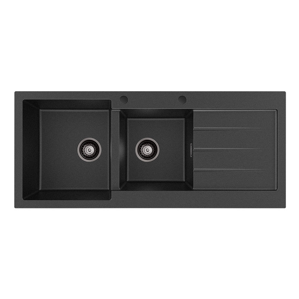 Fienza Kuro Granite 32L/22L Double Kitchen Sink with Drainer Left Bowl 2 Tap Holes Matte Black