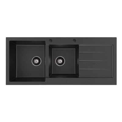 Fienza Kuro Granite 32L/22L Double Kitchen Sink with Drainer Left Bowl 2 Tap Holes Matte Black