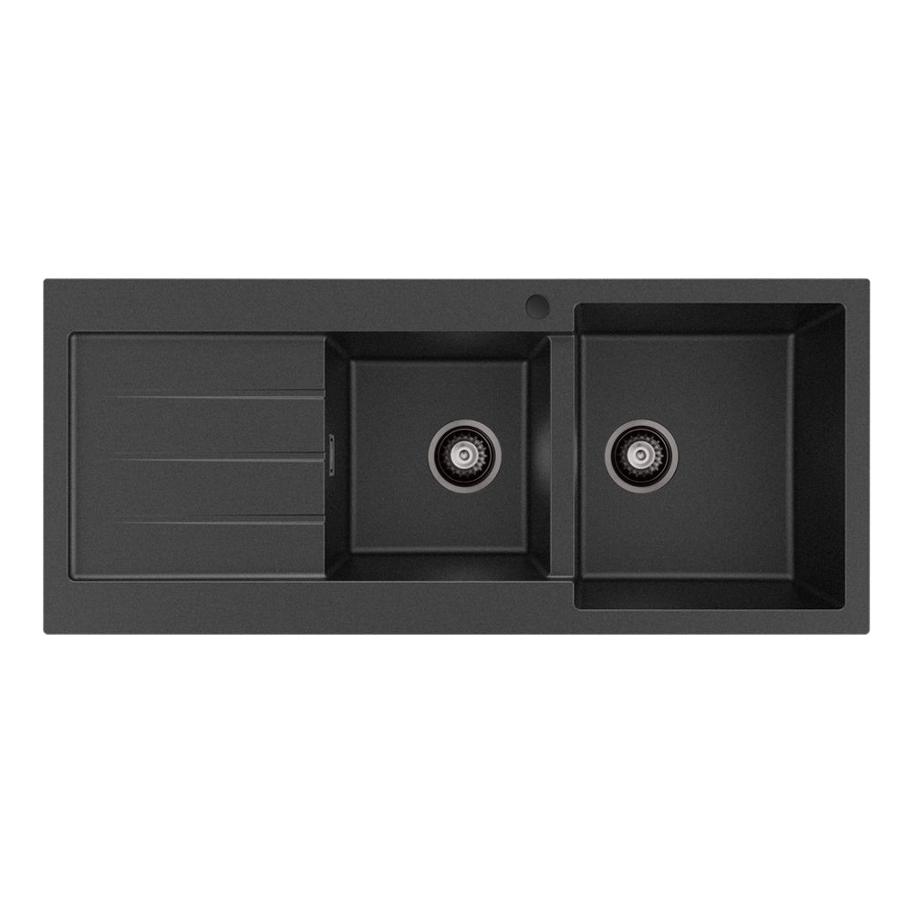 Kuro Granite 32L/22L Double Kitchen Sink with Drainer Right Bowl 1 Tap Hole Matte Black