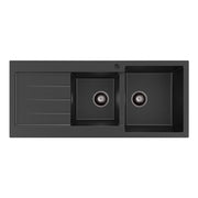 Kuro Granite 32L/22L Double Kitchen Sink with Drainer Right Bowl 1 Tap Hole Matte Black