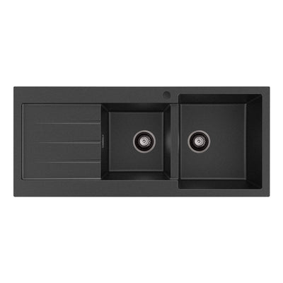 Fienza Kuro Granite 32L/22L Double Kitchen Sink with Drainer Right Bowl 1 Tap Hole Matte Black