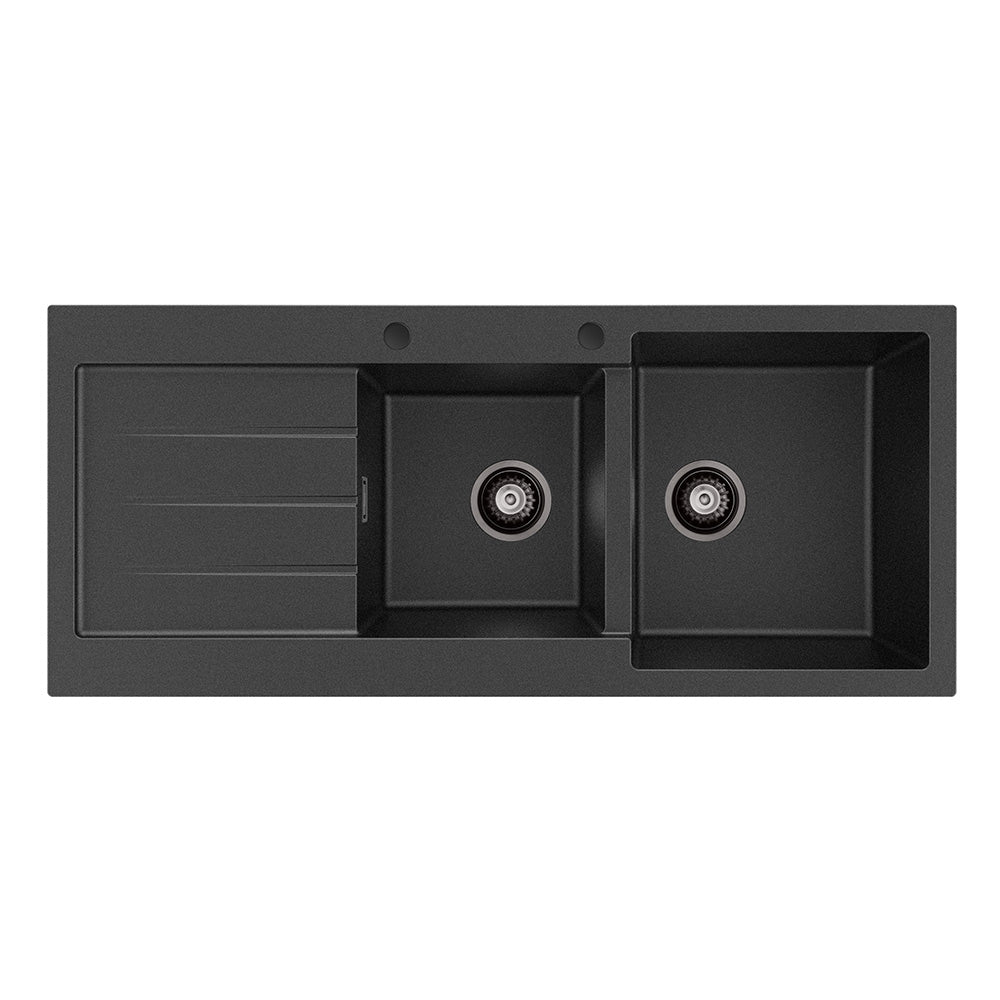 Kuro Granite 32L/22L Double Kitchen Sink with Drainer Right Bowl 2 Tap Holes Matte Black