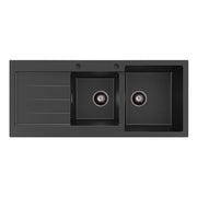 Kuro Granite 32L/22L Double Kitchen Sink with Drainer Right Bowl 2 Tap Holes Matte Black