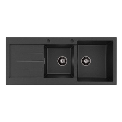 Fienza Kuro Granite 32L/22L Double Kitchen Sink with Drainer Right Bowl 2 Tap Holes Matte Black