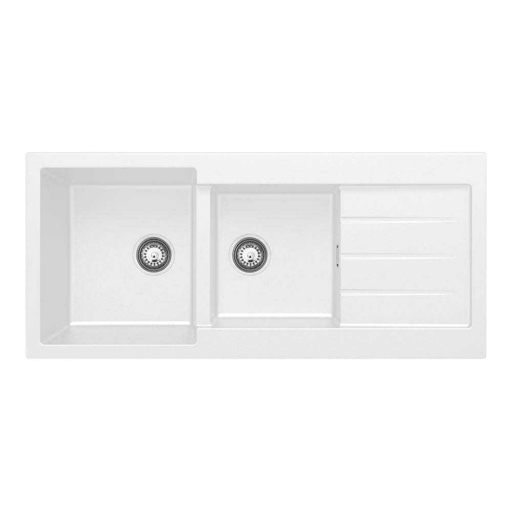 Fienza Kuro Granite 32L/22L Double Kitchen Sink with Drainer Matte White