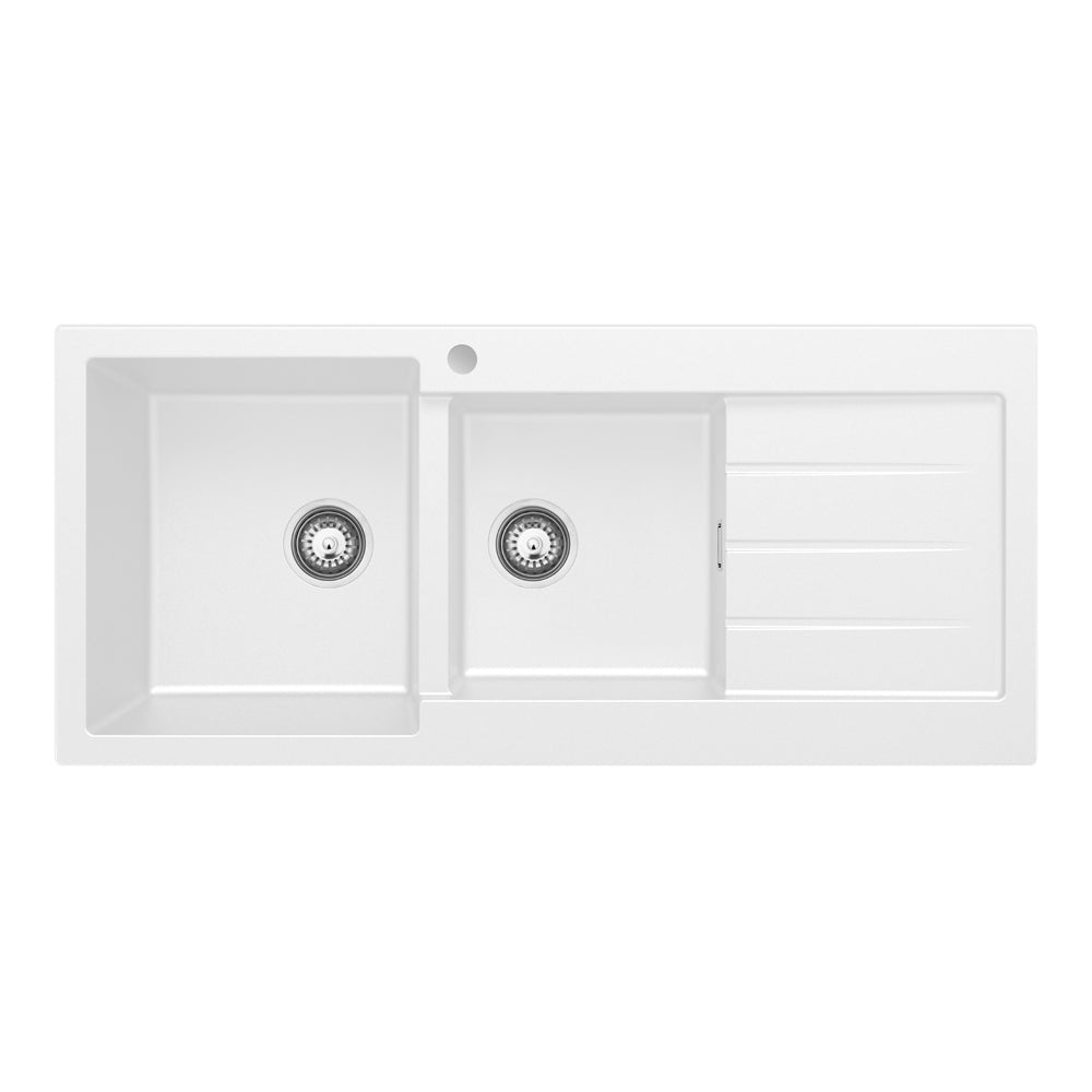 Fienza Kuro Granite 32L/22L Double Kitchen Sink with Drainer Left Bowl 1 Tap Hole Matte White