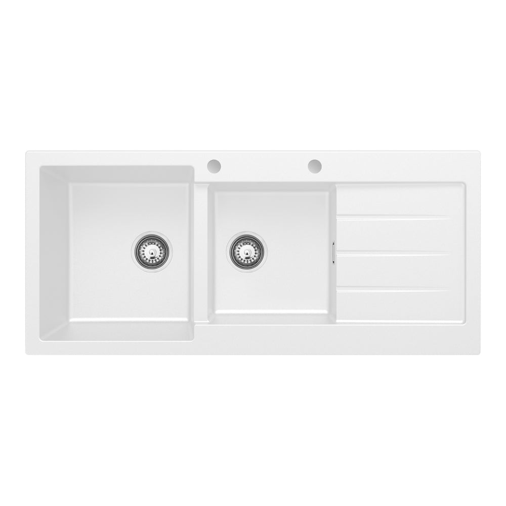 Fienza Kuro Granite 32L/22L Double Kitchen Sink with Drainer Left Bowl 2 Tap Holes Matte White