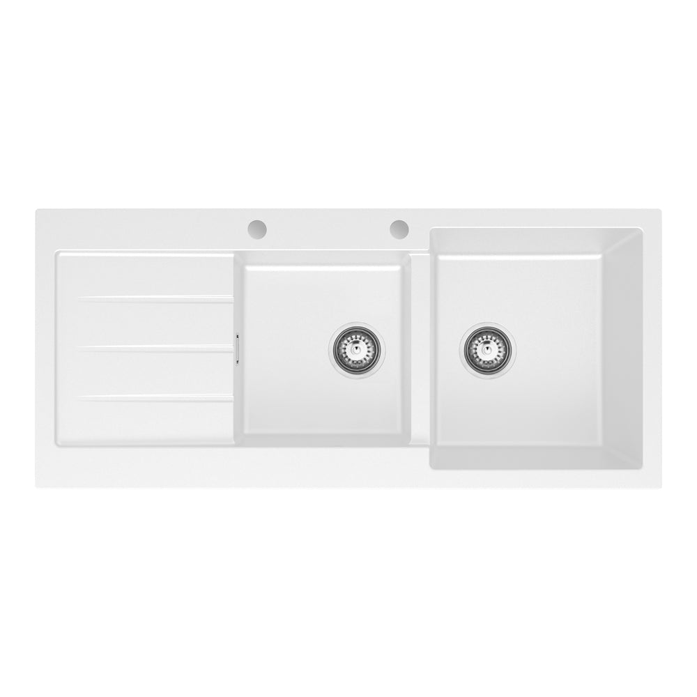 Fienza Kuro Granite 32L/22L Double Kitchen Sink with Drainer Right Bowl 2 Tap Holes Matte White