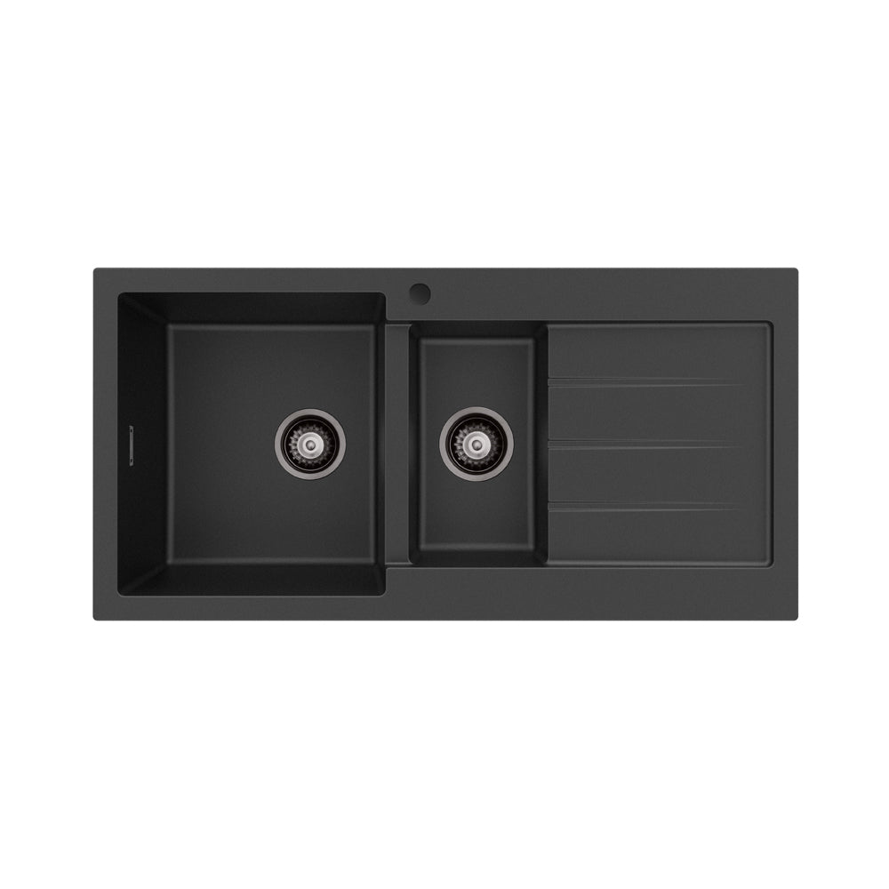 Fienza Kuro Granite 32L/14L Double Kitchen Sink with Drainer Left Bowl 1 Tap Hole Matte Black