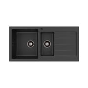 Fienza Kuro Granite 32L/14L Double Kitchen Sink with Drainer Left Bowl 1 Tap Hole Matte Black