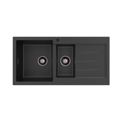 Fienza Kuro Granite 32L/14L Double Kitchen Sink with Drainer Left Bowl 1 Tap Hole Matte Black