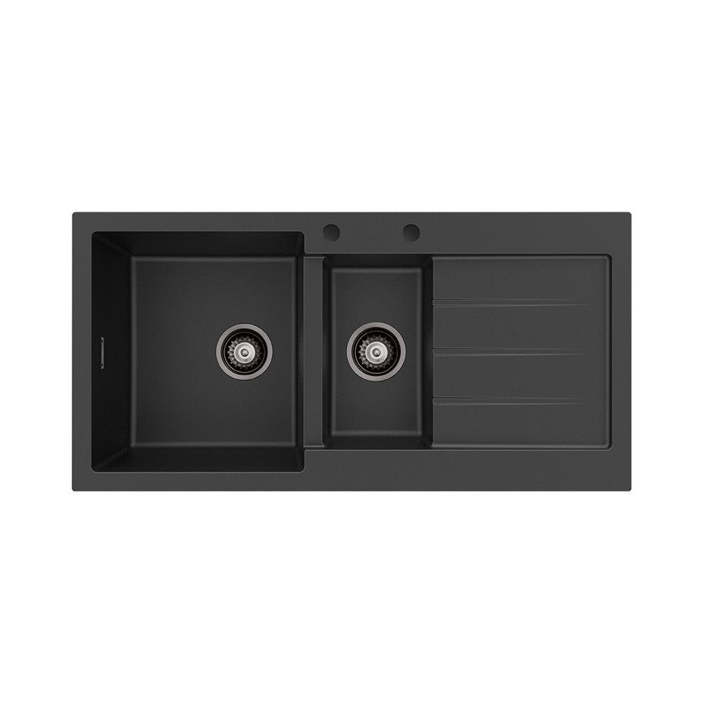 Fienza Kuro Granite 32L/14L Double Kitchen Sink with Drainer Left Bowl 2 Tap Holes Matte Black