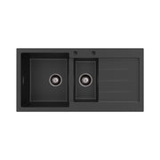 Fienza Kuro Granite 32L/14L Double Kitchen Sink with Drainer Left Bowl 2 Tap Holes Matte Black