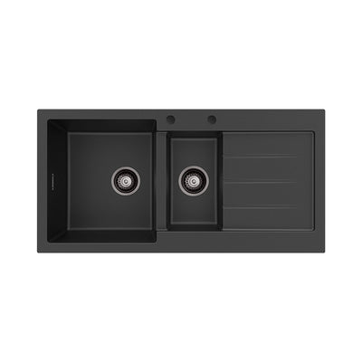Fienza Kuro Granite 32L/14L Double Kitchen Sink with Drainer Left Bowl 2 Tap Holes Matte Black