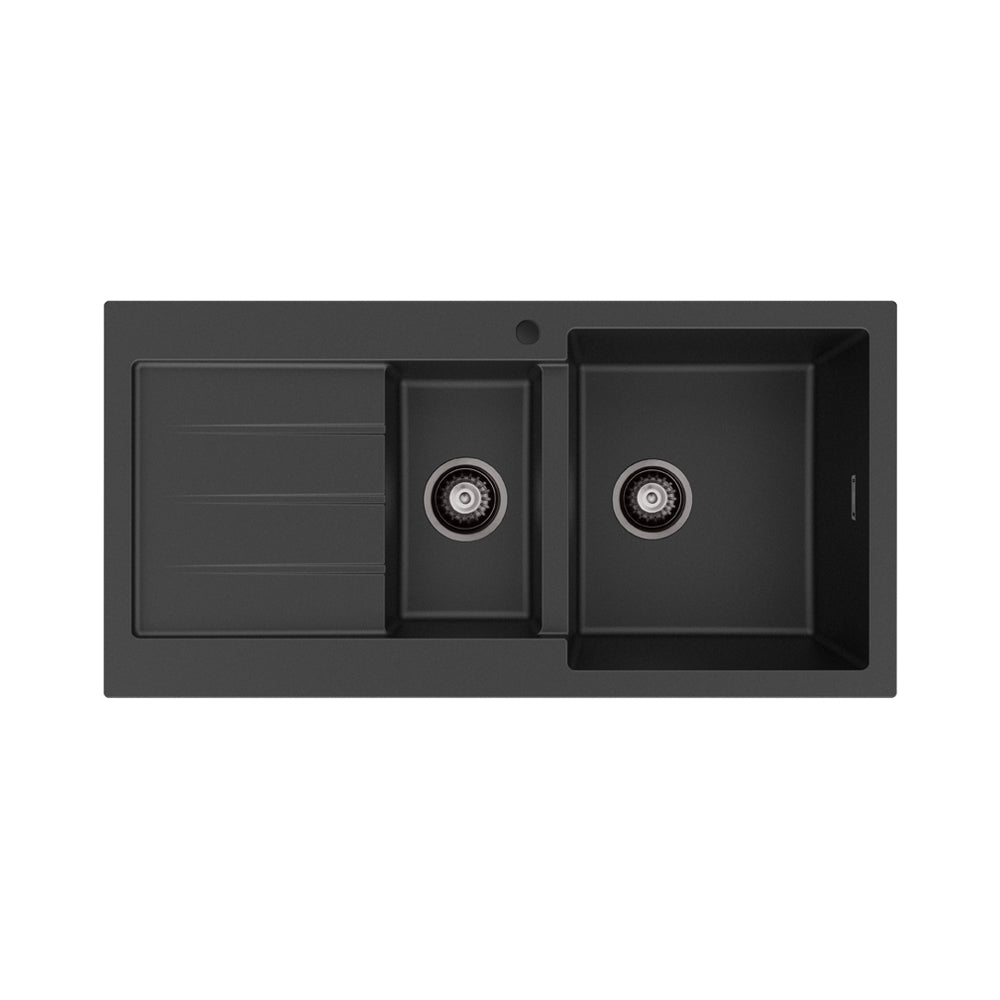 Fienza Kuro Granite 32L/14L Double Kitchen Sink with Drainer Right Bowl 1 Tap Hole Matte Black