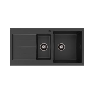 Fienza Kuro Granite 32L/14L Double Kitchen Sink with Drainer Right Bowl 1 Tap Hole Matte Black
