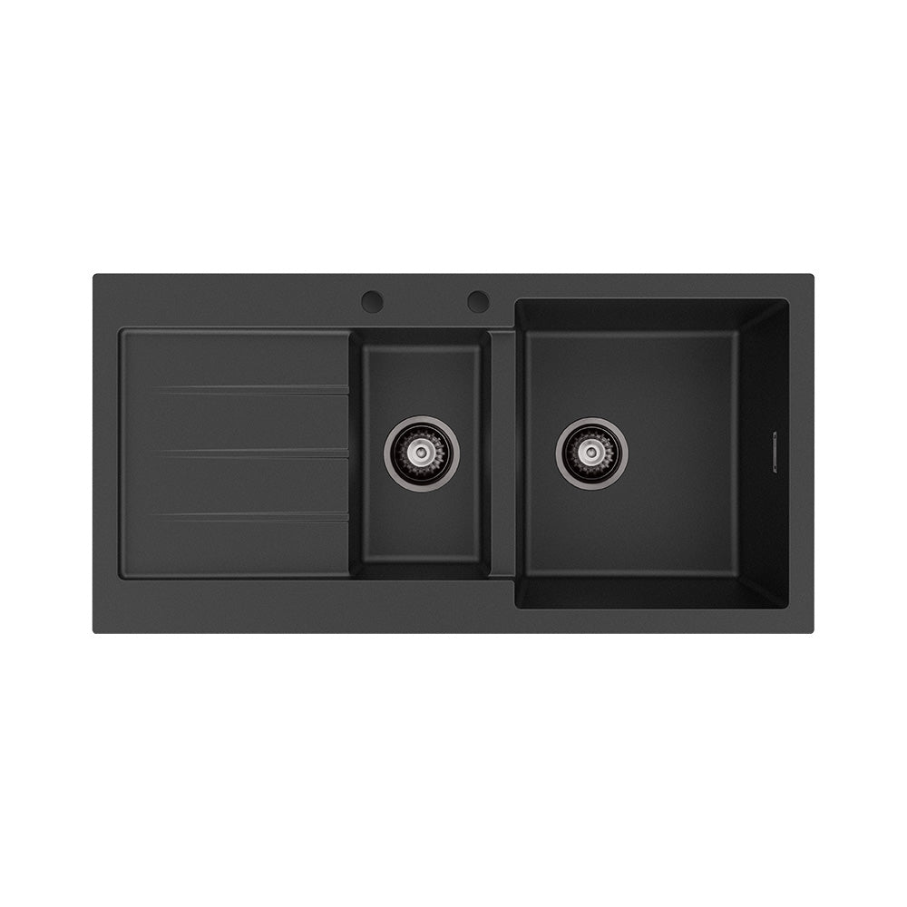 Fienza Kuro Granite 32L/14L Double Kitchen Sink with Drainer Right Bowl 2 Tap Holes Matte Black