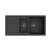 Fienza Kuro Granite 32L/14L Double Kitchen Sink with Drainer Right Bowl 2 Tap Holes Matte Black