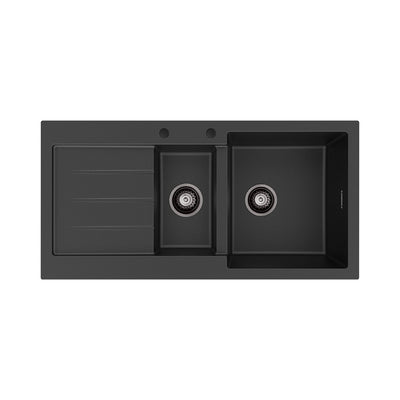 Fienza Kuro Granite 32L/14L Double Kitchen Sink with Drainer Right Bowl 2 Tap Holes Matte Black