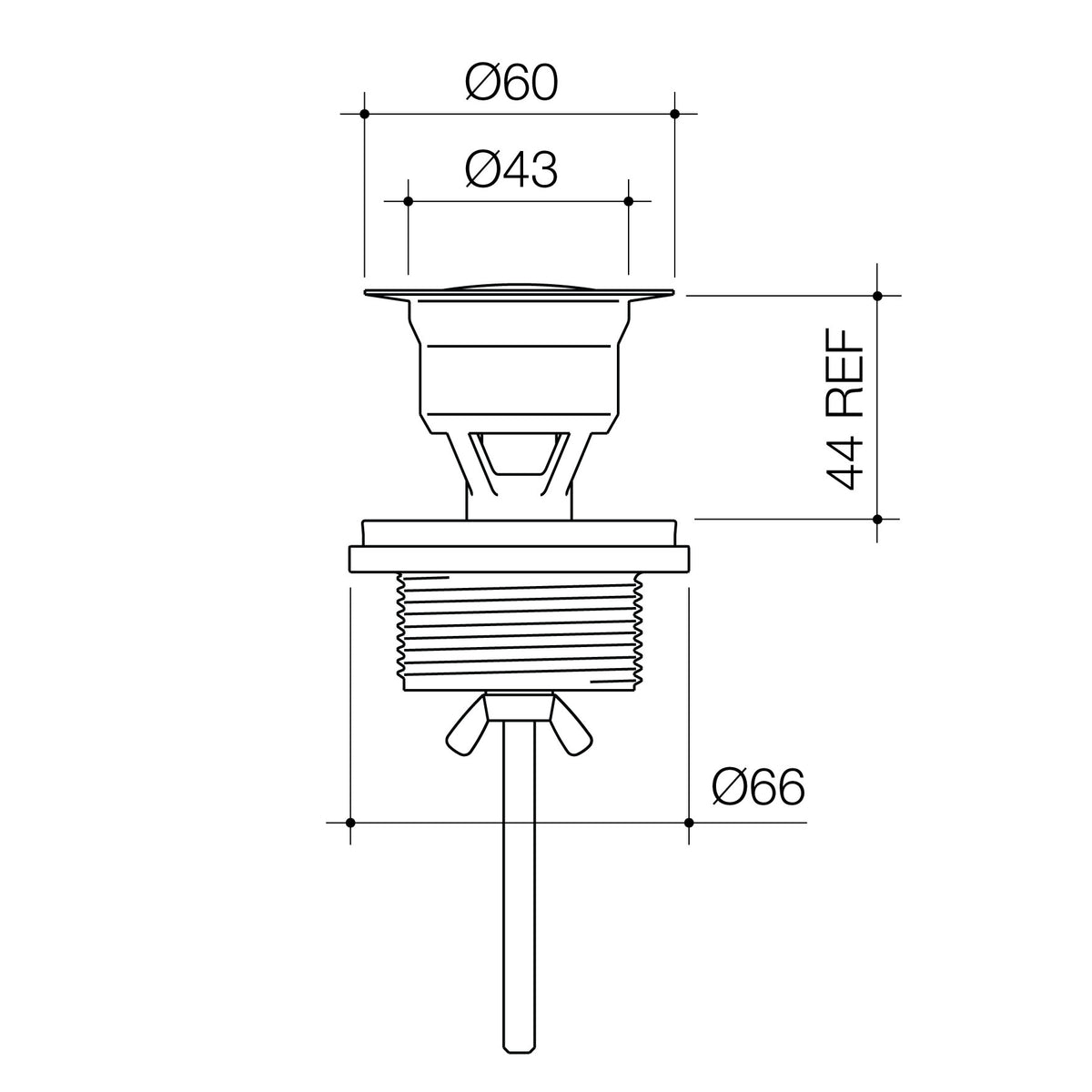 Caroma Basin Pop Up Disc Plug & Waste Long - Chrome specification drawing