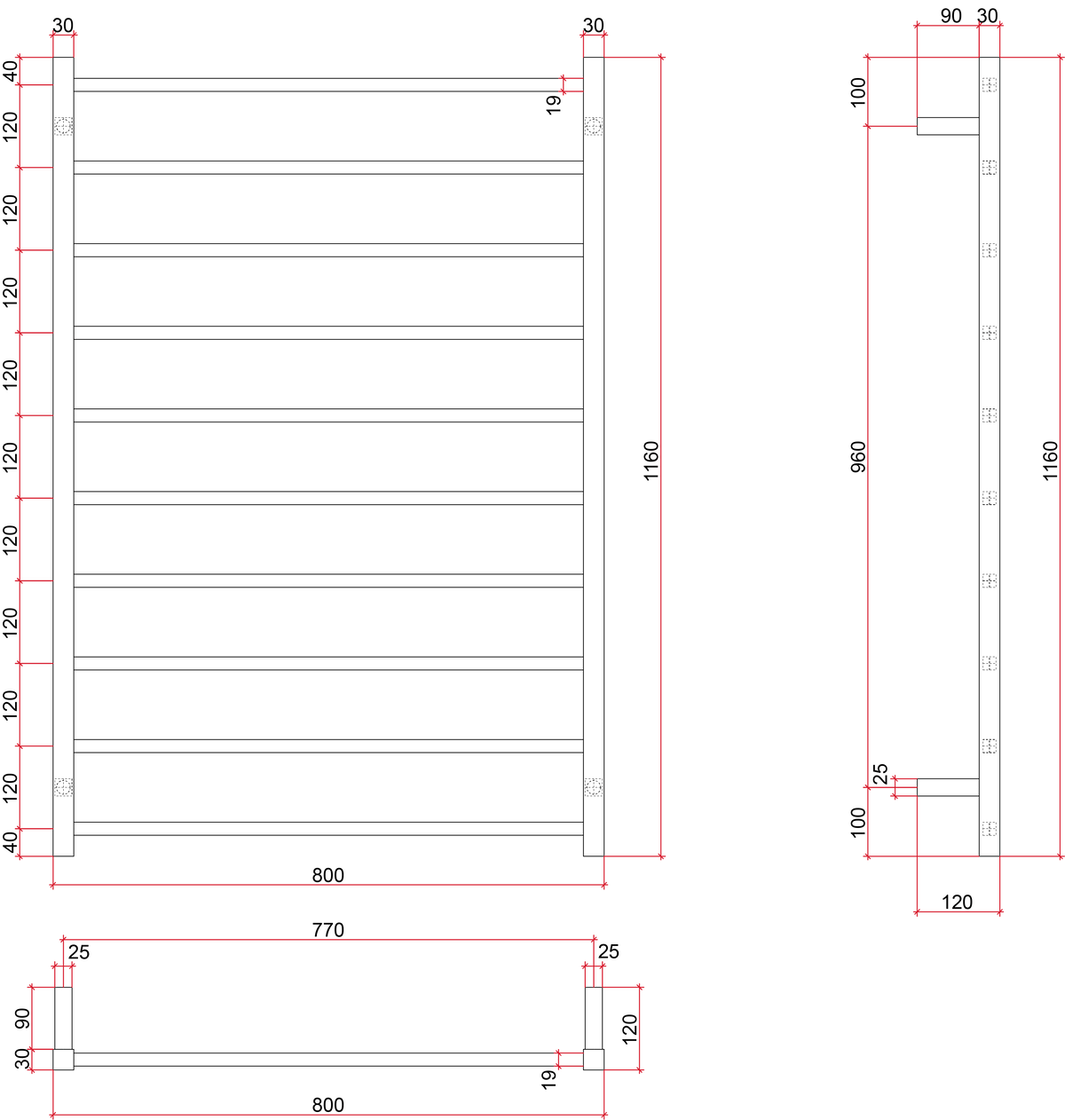 Thermogroup Thermorail 240V Straight Square Ladder Heated Towel Rail Polished Stainless Steel