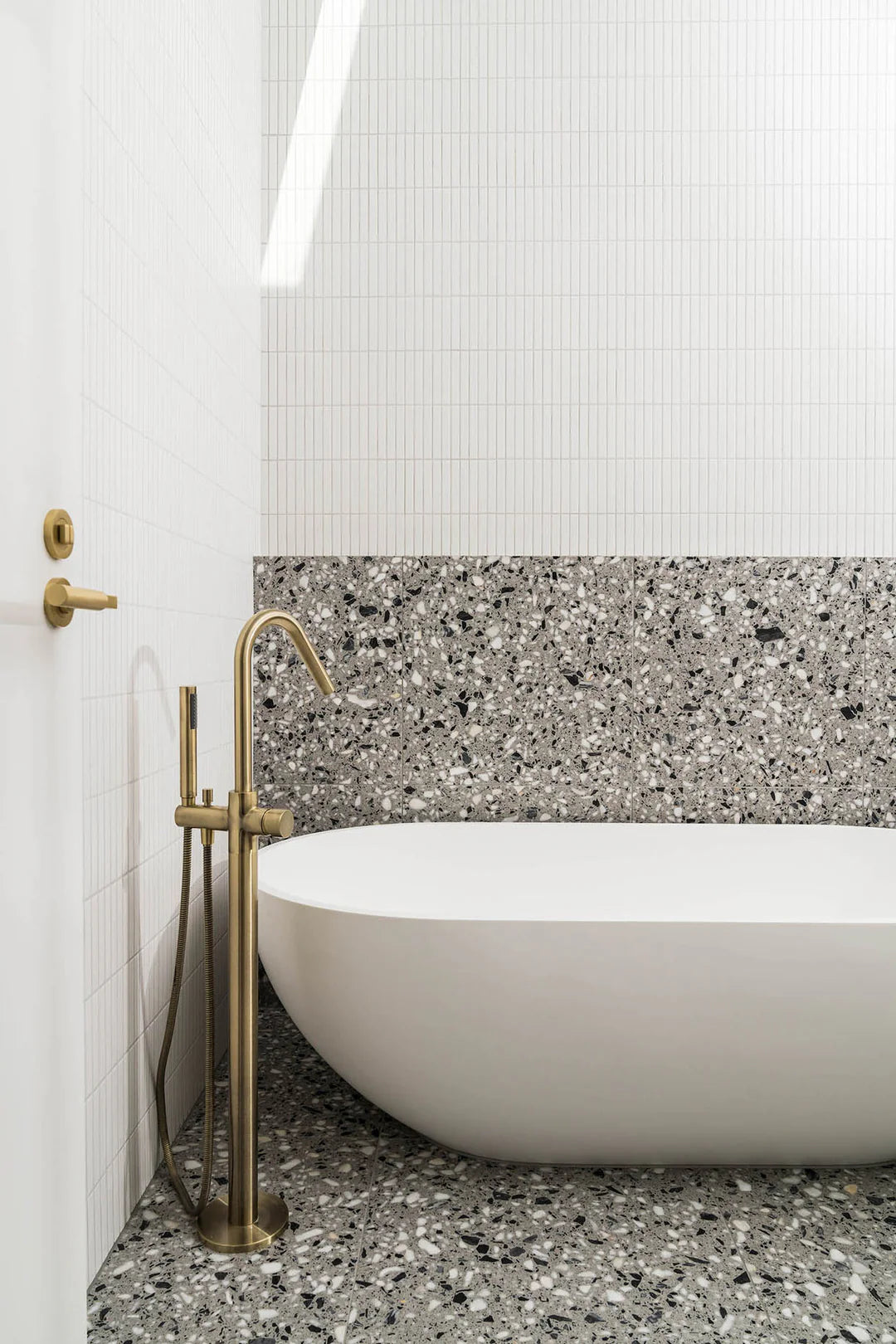 Meir Round Pinless Freestanding Bath Spout and Hand Shower Tiger Bronze