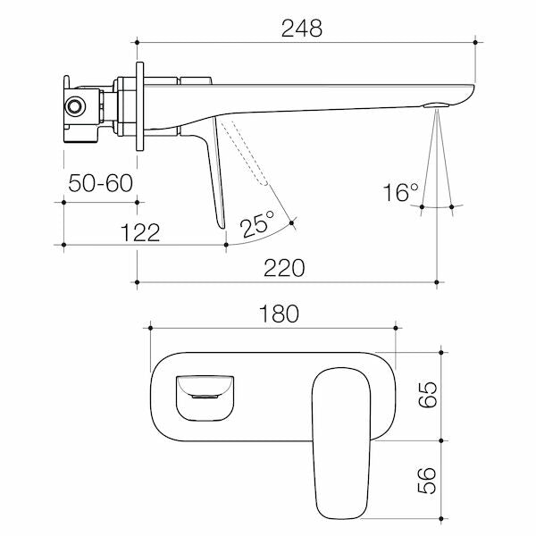 Caroma Contura II Wall Basin/Bath Mixer 220mm technical drawing