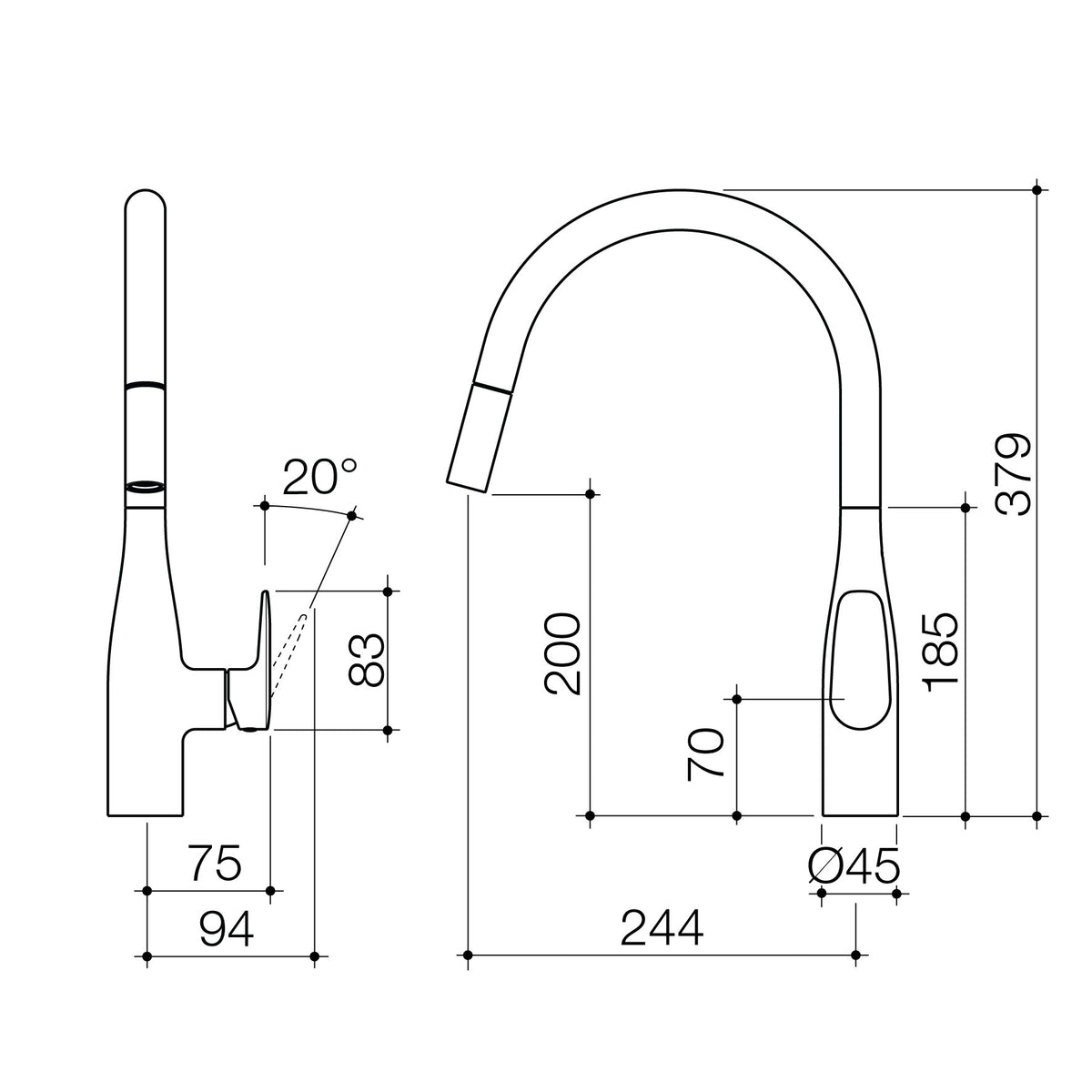 Caroma Contura® II Pull Out Sink Mixer - Chrome specification drawing